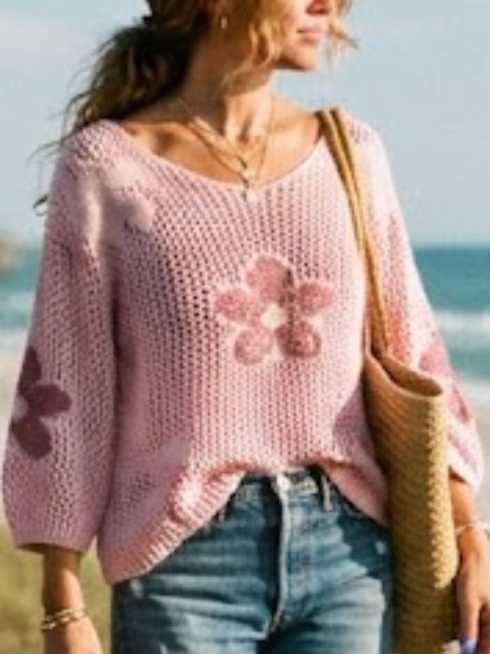Via Vitale Italy Pink Open-Knit Sweater with Metallic Accents